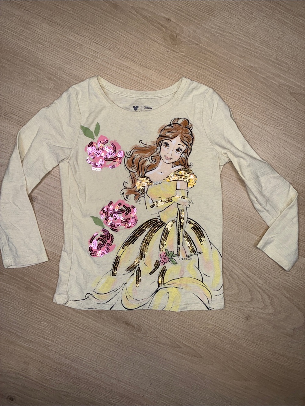 Disney Princess Yellow Belle Sequin Floral Long-Sleeve Tee